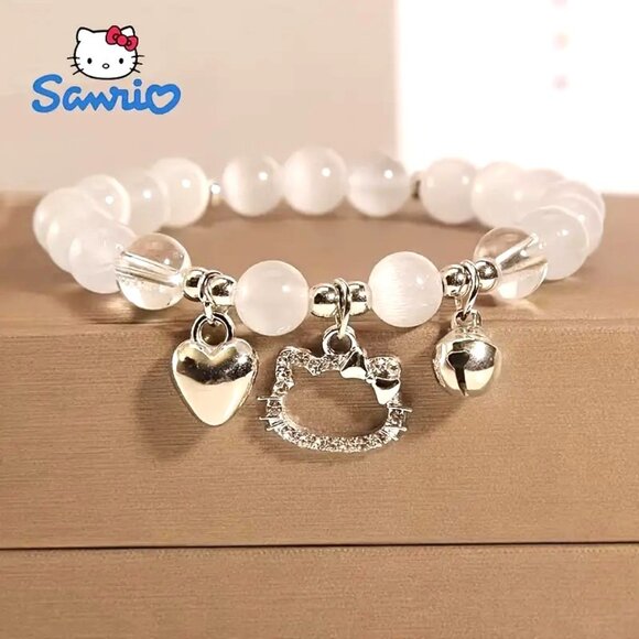 Hello Kitty Charm Bracelet Sanrio Stretch Hearts Bell Emo Beads Rave Trendy Cute - Picture 1 of 4